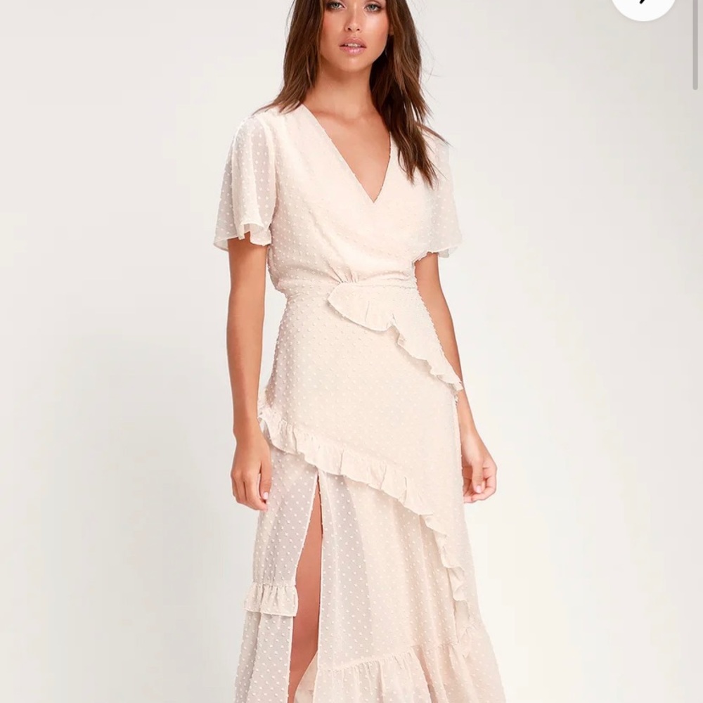 Lulu’s Cream Swiss Dot Ruffled Midi Dress
